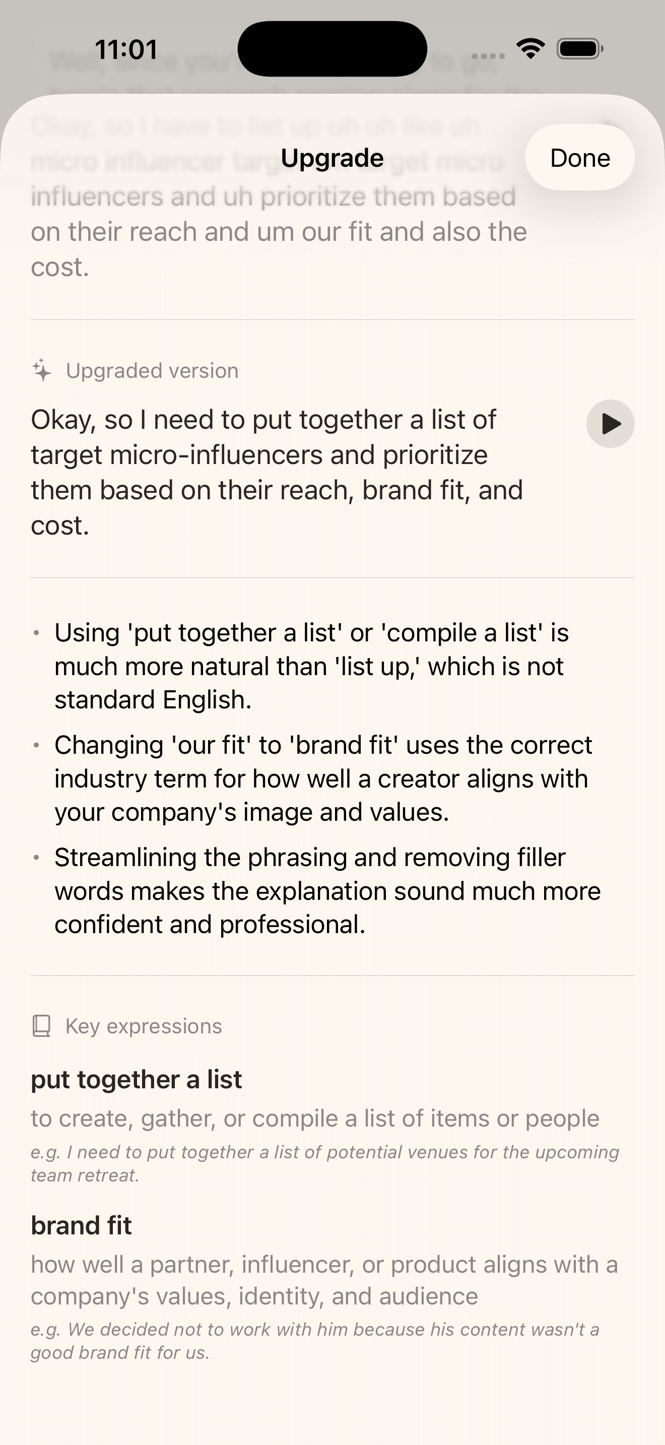 An upgraded sentence with a key-expressions glossary