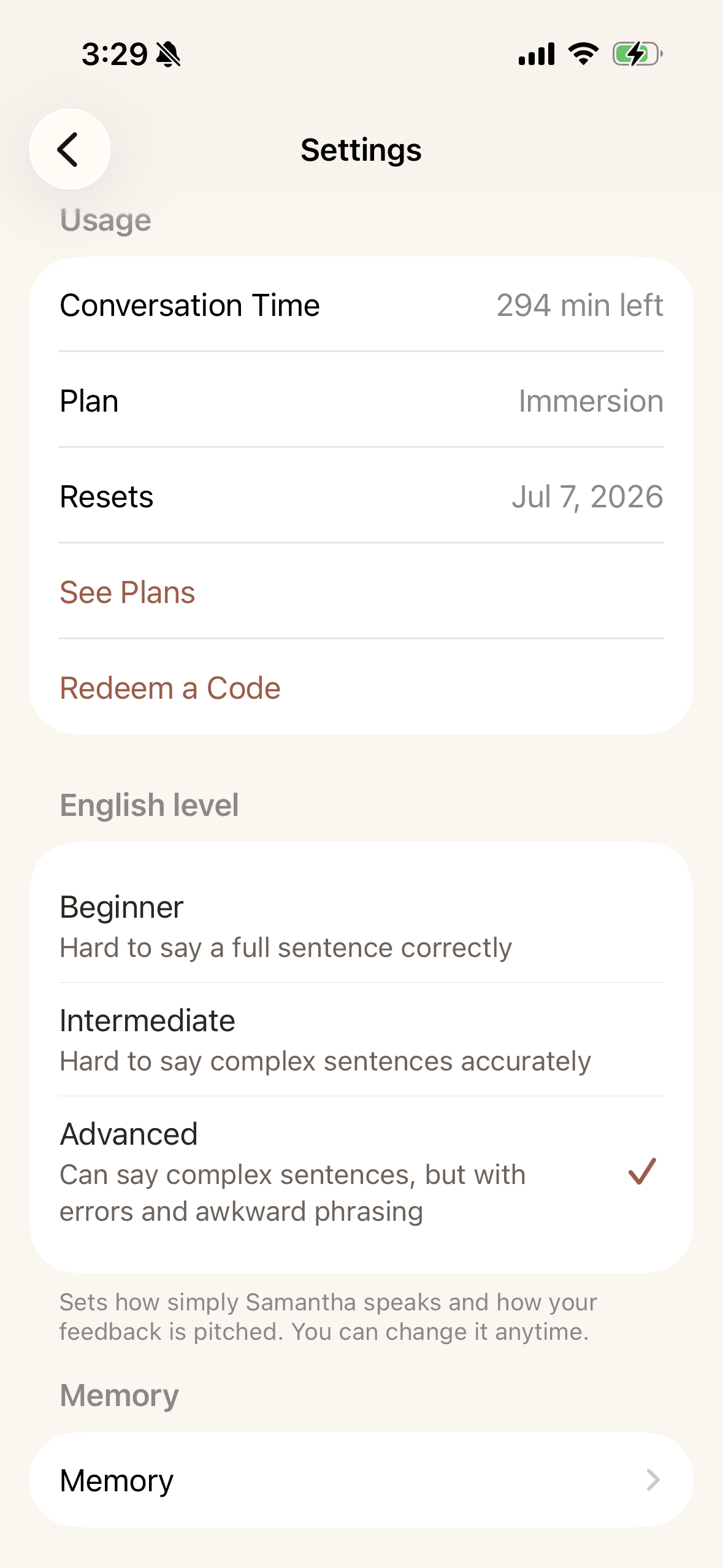 Settings showing conversation time, English level, and memory