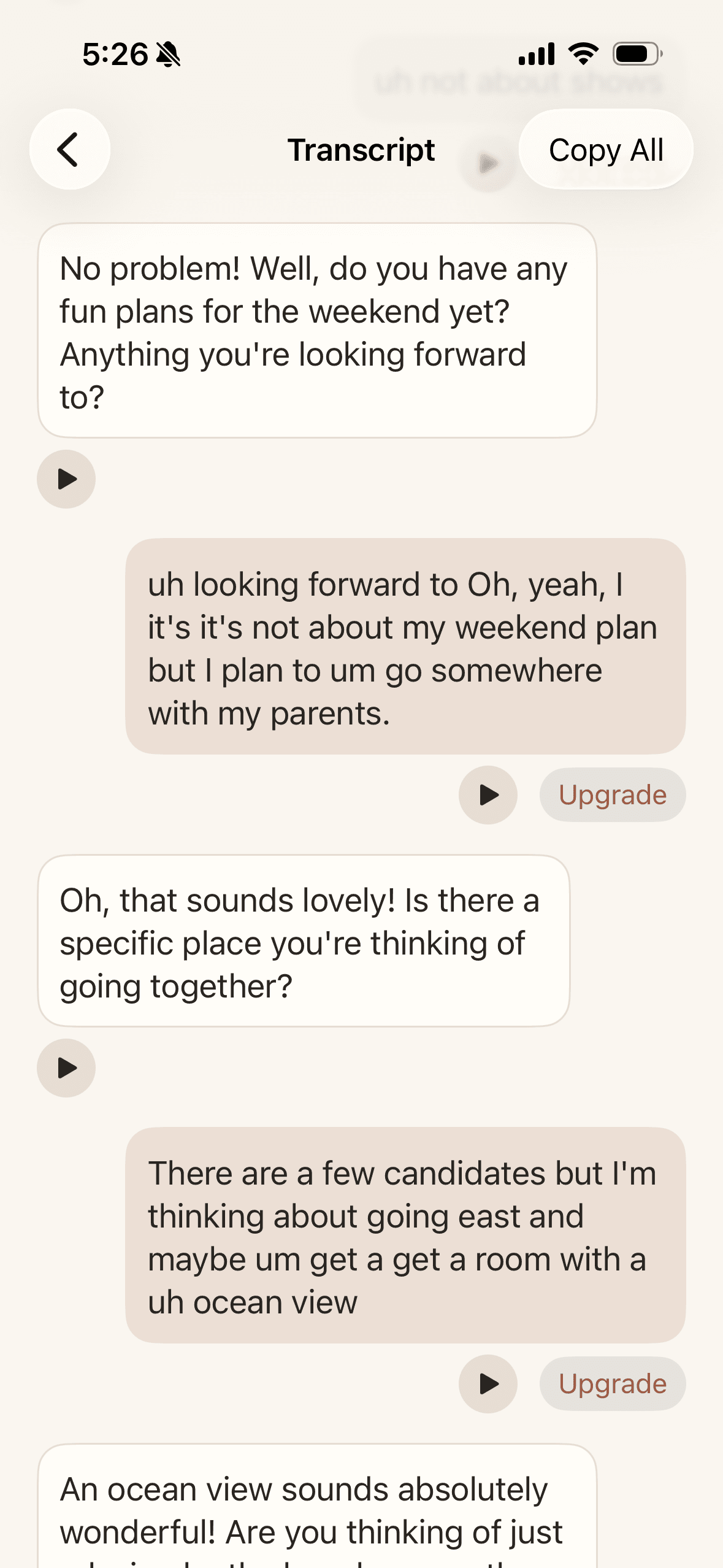 A saved conversation transcript with replay and Upgrade on each turn