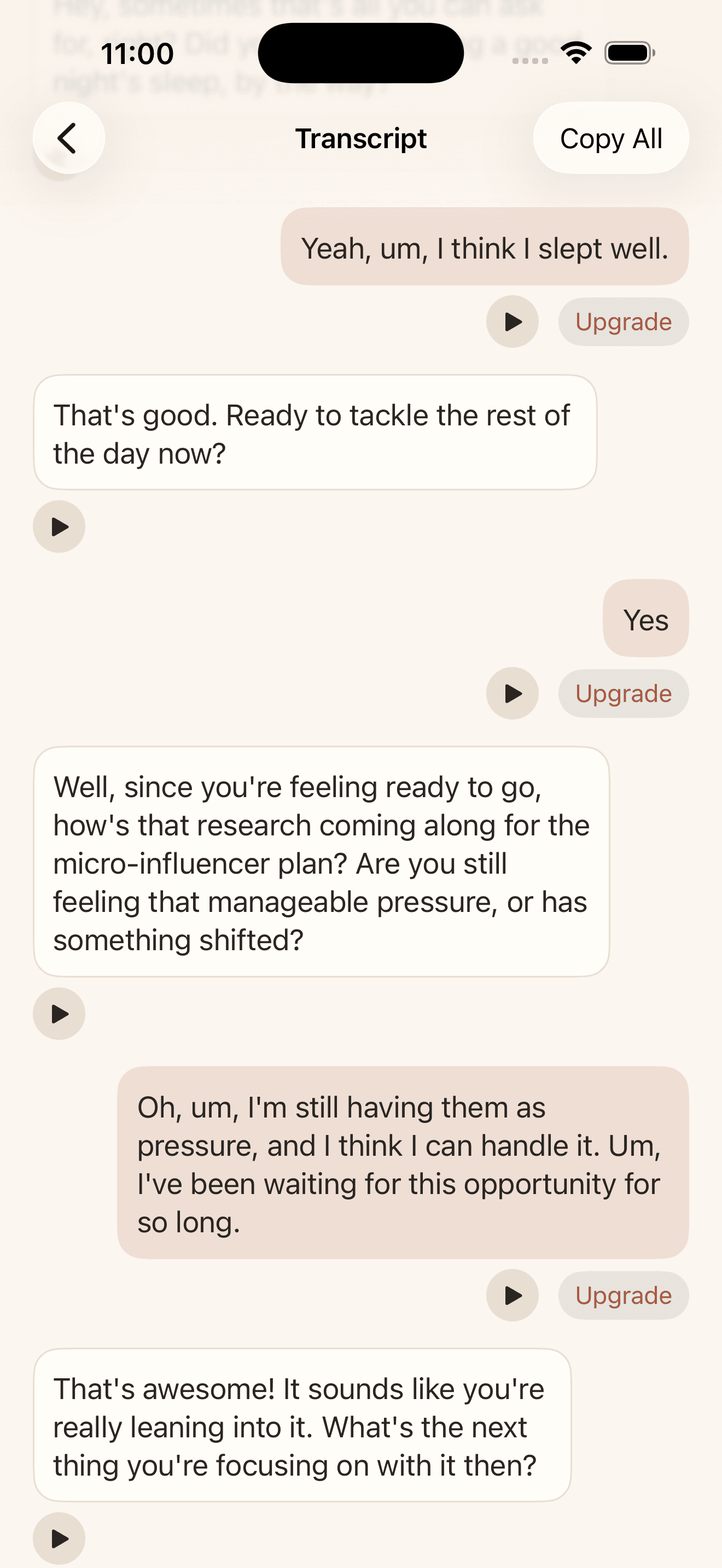 A saved conversation transcript with replay and Upgrade on each turn