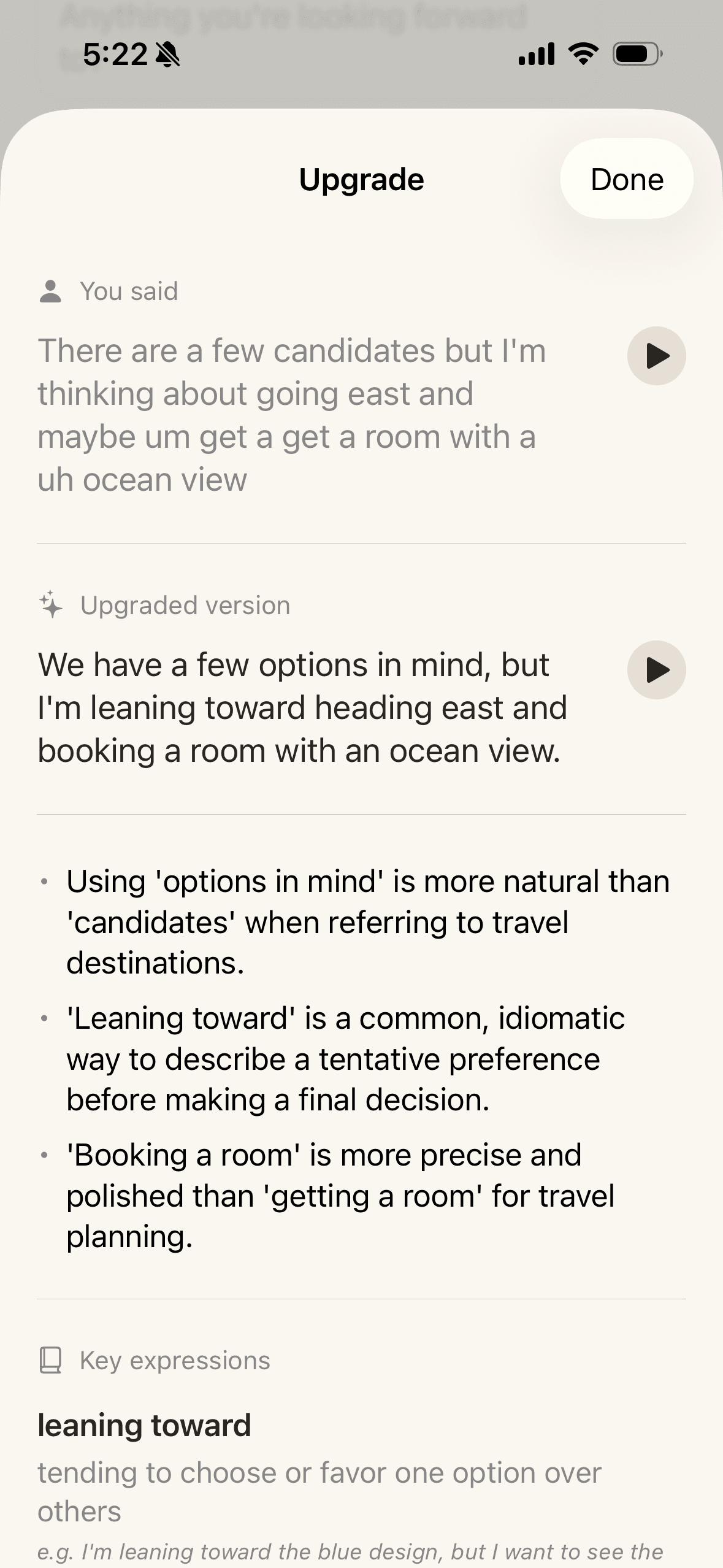 A speech upgrade: a more natural version of what you said, with why it's better